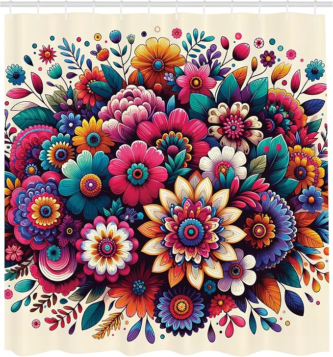 Ambesonne Boho Floral Shower Curtain, Abstract Whimsical Trippy Colorful Flowers Arrange on Beige Back, Cloth Fabric Bathroom Decor Set with Hooks, 69" W x 75" L, Hot Pink Teal Multicolor