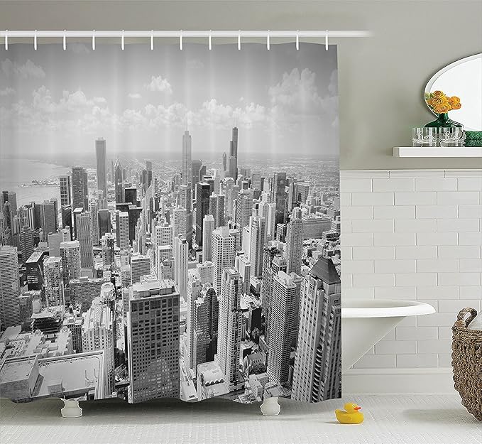 Ambesonne USA Shower Curtain,Chicago City Skyline with Aerial View Picture of Contemporary and Famous Touristic Places Vacation, Cloth Fabric Bathroom Decor Set with Hooks, 69" W x 75" L, Black Grey