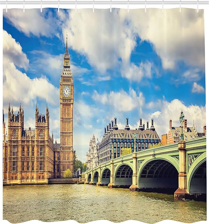 Ambesonne London Shower Curtain, Big Ben Clock Tower and Westminster Bridge Cloudy Day in Spring, Cloth Fabric Bathroom Decor Set with Hooks, 69" W x 70" L, Pale Green Pale Brown