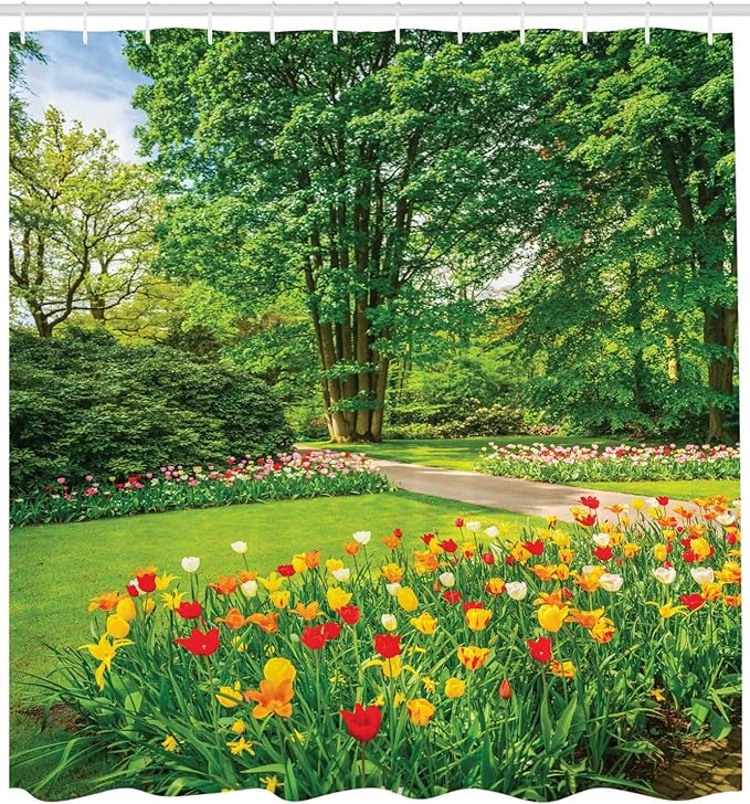 Ambesonne Garden Shower Curtain, Garden in Keukenhof Colorful Tulip Flowers and Trees Foliage Spring Season, Cloth Fabric Bathroom Decor Set with Hooks, 69" W x 75" L, Yellow Green