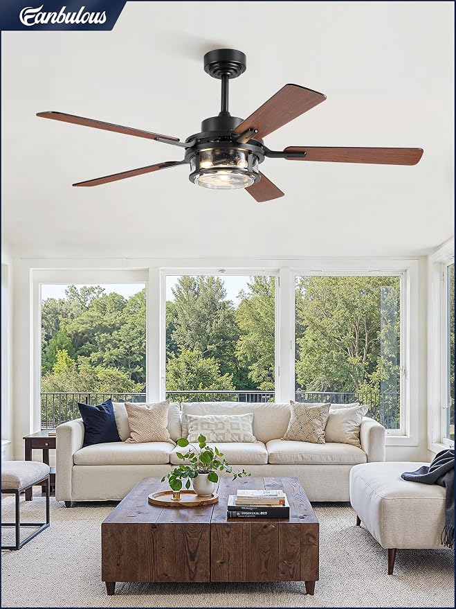 Fanbulous 52 Inch Ceiling Fan with Light and Remote,Downrod Mount Farmhouse Ceiling Fan for Bedroom, Quiet 6-Speed Reversible DC Motor, Rustic Black & Wood Finish Blades