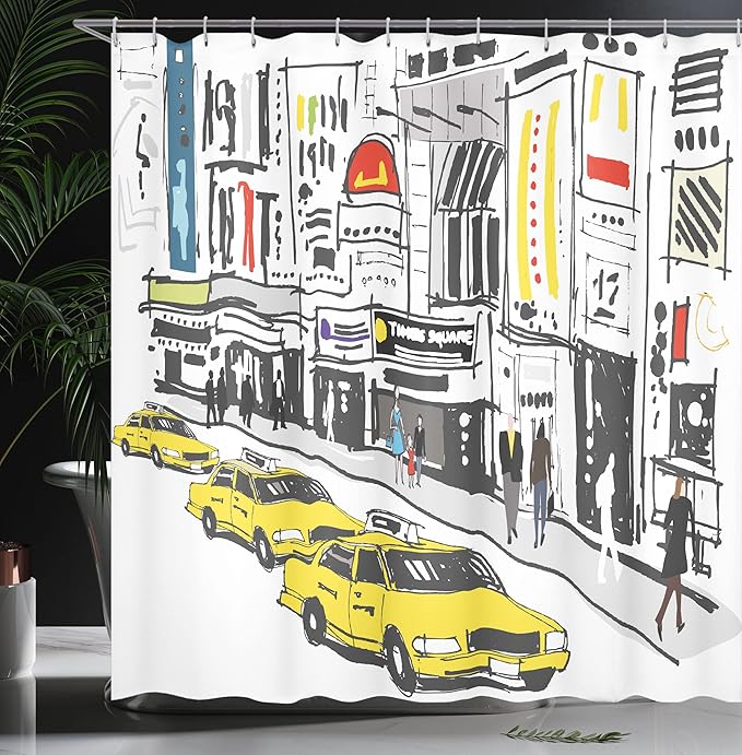 Ambesonne Modern Shower Curtain, Times Square New York with People in Street Taxi Cabs Traffic Fashion Illustration, Cloth Fabric Bathroom Decor Set with Hooks, 69" W x 70" L, Charcoal Yellow