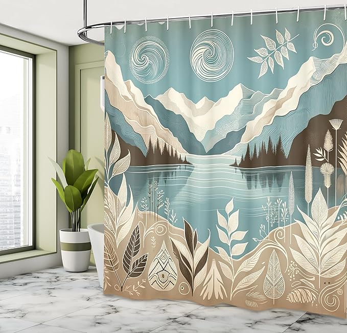 Ambesonne Lake Shower Curtain, Mountains Calm Nature Scenery Botanical Neutral Ornaments Illustration, Cloth Fabric Bathroom Decor Set with Hooks, 69" W x 84" L, Pale Teal Tan and Brown