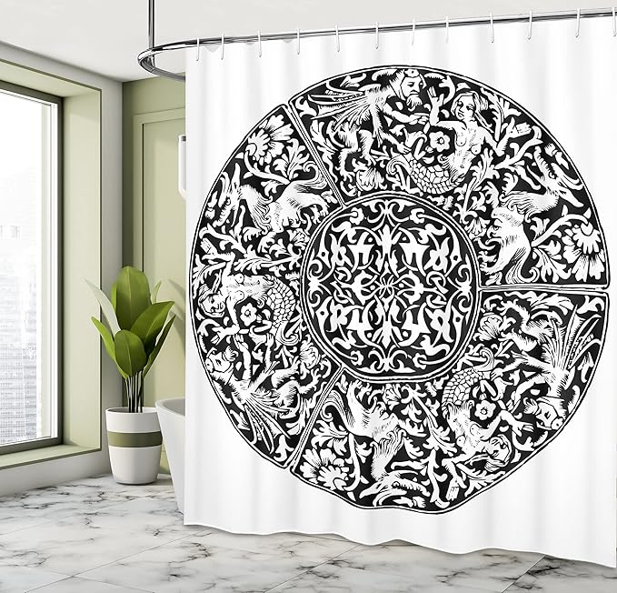 Ambesonne Gothic Shower Curtain, Renaissance Pattern Victorian Style Antique Mystical Gothic Medieval, Cloth Fabric Bathroom Decor Set with Hooks, 69" W X 70" L, Black and White