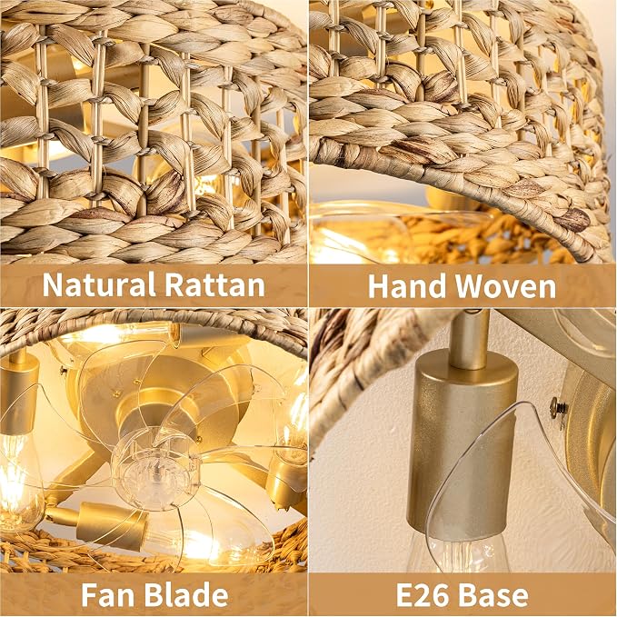 Handwoven Boho Ceiling Fan with Light,Rattan Caged Ceiling Fans with Lights and Remote Control Flush Mount Low Profile Enclosed 6 Speeds Fandelier for Bedroom,Living Room,Dining Room,4-Light