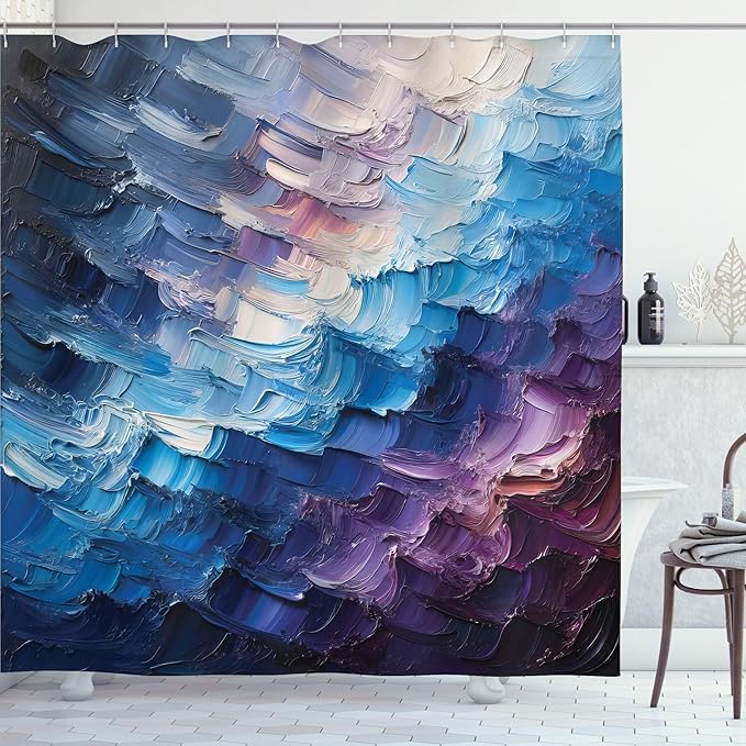 Ambesonne Purple Shower Curtain, Oil Painting Look Print of Abstract Surreal Art with Dreamy Rave Tones, Cloth Fabric Bathroom Decor Set with Hooks, 69" W x 70" L, Pale Lilac and Sea Blue