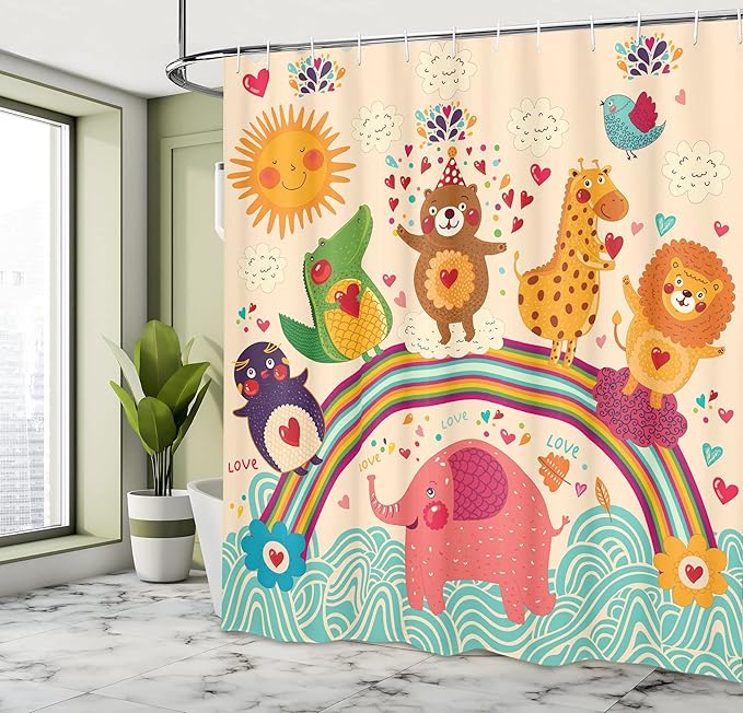 Ambesonne Cartoon Shower Curtain, Happy Animals Bear Lion Crocodile Birds on Rainbow Drawing Effect, Cloth Fabric Bathroom Decor Set with Hooks, 69" W x 75" L, Orange Green
