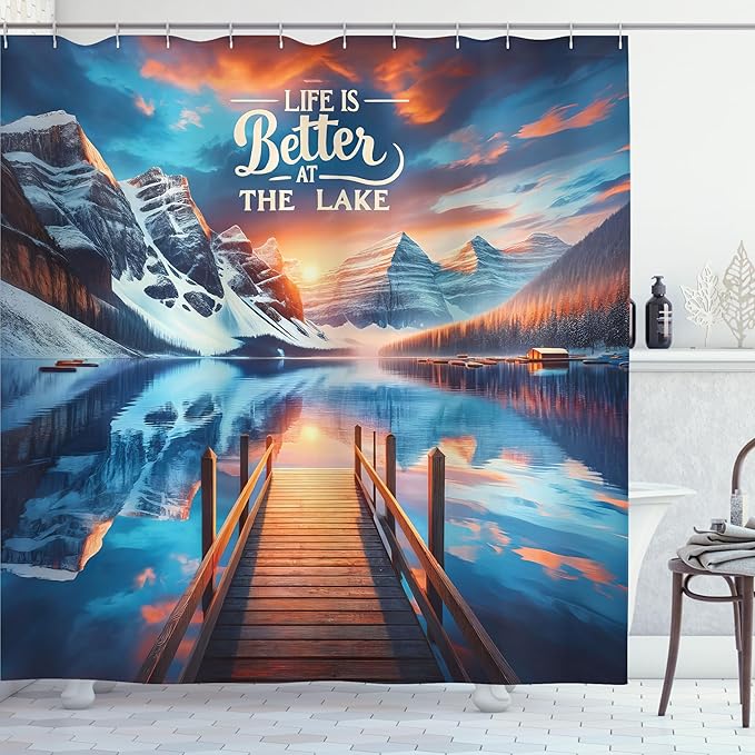 Ambesonne Life is Better at The Lake Shower Curtain, Winter Cabin Scenery Tranquil Mountains Dramatic Clouds, Cloth Fabric Bathroom Decor Set with Hooks, 69" W x 84" L, Orange Azure Blue