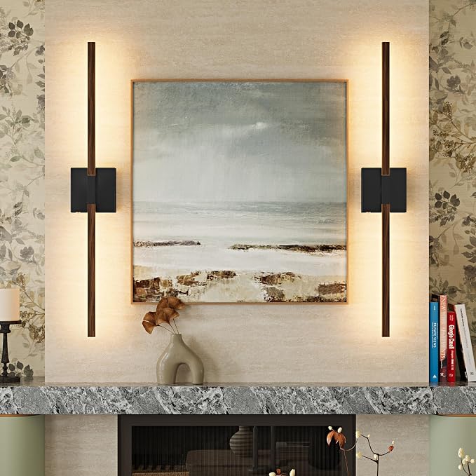 Rayogale Black Walnut Rechargeable Wall Sconce with Remote Control 40 Inch | 3000/4500/6000K Dimmable 8000mAh Wireless Battery Operated Wall Sconces Set of Two with Timer for Living Room, Bedroom, TV