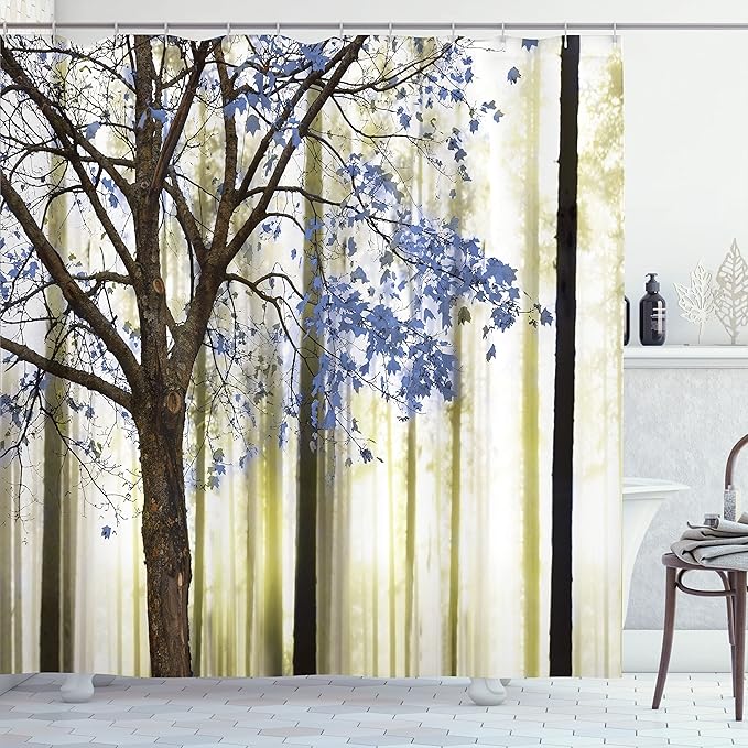 Ambesonne Autumn Shower Curtain, Picture of a Lonely Tree Leaves on an Abstract Woodland Background Print, Cloth Fabric Bathroom Decor Set with Hooks, 69" W x 84" L, Night Violet
