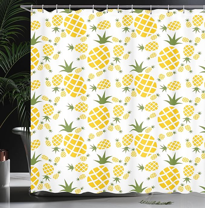 Ambesonne Pineapple Shower Curtain, Funny Pattern of Simplistic Ananas Fruit Repeating Modern Minimal Print, Cloth Fabric Bathroom Decor Set with Hooks, 69" W x 75" L, Olive Green Mustard