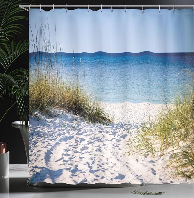 Ambesonne Beach Shower Curtain, Path to The Beach with a Clear Sky and Bushes Grasses Windy Sunny Day by The Peaceful Gulf of Mexico, Cloth Fabric Bathroom Set with Hooks, 69" W x 75" L, White Green