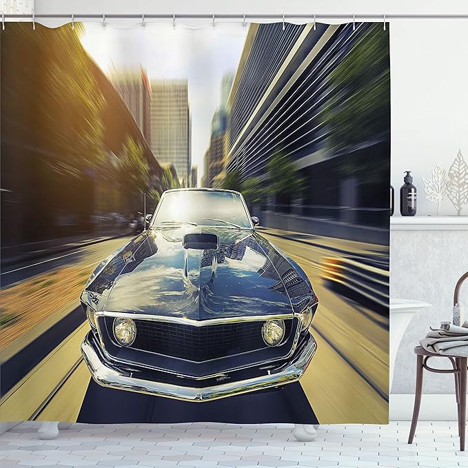 Ambesonne Retro Shower Curtain, Vintage Classic Car in Urban Street Old Fashion Auto in Town Nostalgia Picture, Cloth Fabric Bathroom Decor Set with Hooks, 69" W x 70" L, Sepia Grey Grey