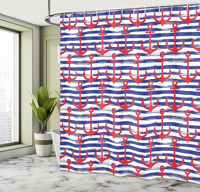 Ambesonne Anchor Shower Curtain, Anchors on Striped Background Geometrical Artwork Holiday Party Gathering, Cloth Fabric Bathroom Decor Set with Hooks, 69" W x 84" L, Navy Blue Red White
