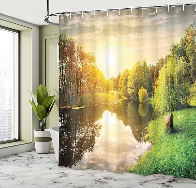 Ambesonne Landscape Shower Curtain, Sunset Over Calm River Grass Willow Trees Grass Rocks Reflection Clouds, Cloth Fabric Bathroom Decor Set with Hooks, 69" W x 75" L, Sand Green