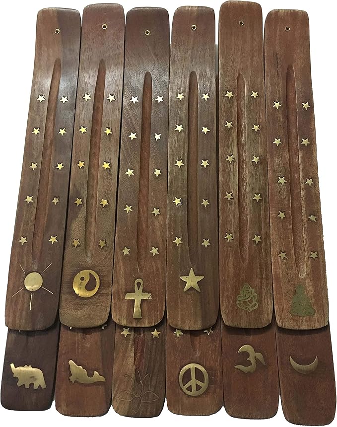 Vrinda® Handmade Wooden Incense Stick Holder with Assorted Inlaid Design –Incense Stick Burner - Ideal for Aromatherapy, Meditation - Ornamental piece for Home, Office Decor 10"(Pack of 12)