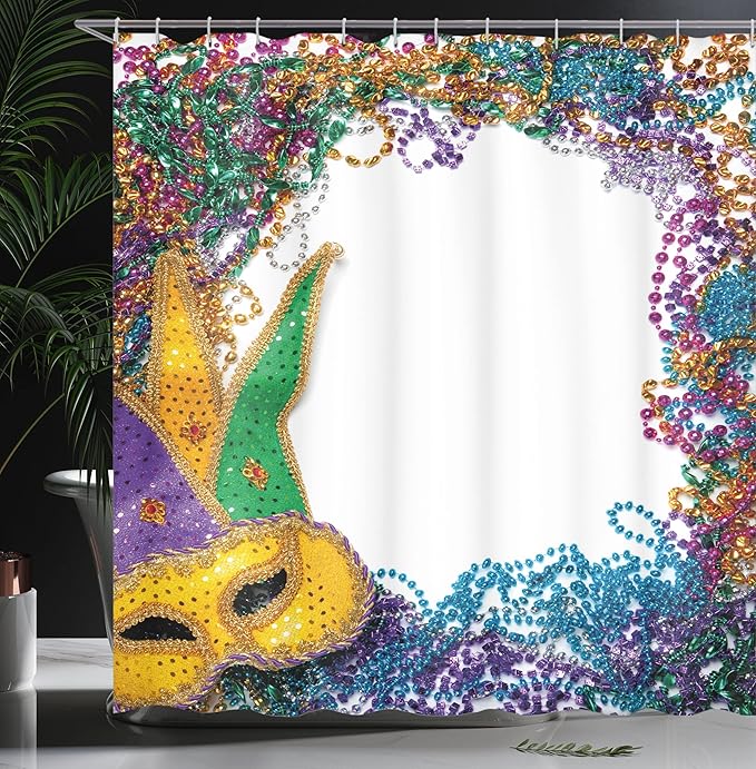 Ambesonne Mardi Gras Shower Curtain, Colorful Framework Design Vibrant Beads and Fat Tuesday Holiday Theme, Cloth Fabric Bathroom Decor Set with Hooks, 69" W x 75" L, Multicolor