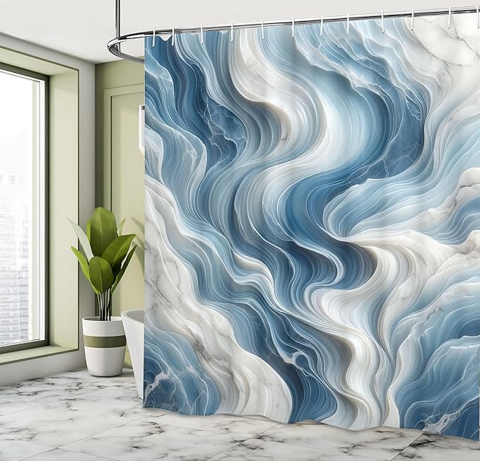 Ambesonne Blue Shower Curtain, Surreal Waves of Marble Print with Oceanic Colors Modern Abstract Style, Cloth Fabric Bathroom Decor Set with Hooks, 69" W x 70" L, Sky Blue and Off White