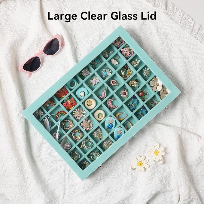 Frebeauty 48 Grid Earring Organizer,Velvet Jewelry Tray with Clear Lid | Drawer Jewelry Organizer for Rings Studs Beads,Adjustable Dividers,Dustproof,Earring Storage,Trinket Box,13.8×9.5Inches