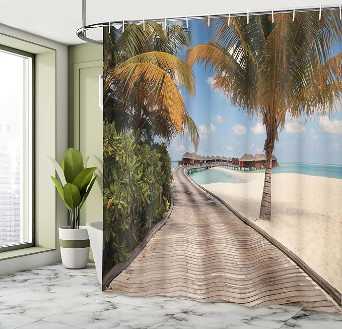 Ambesonne Beach Shower Curtain, Bungalows at Tropic Island Coconut Palm Trees on The Beach Secret Paradise Maldives, Cloth Fabric Bathroom Decor Set with Hooks, 69" W x 70" L, Cocoa