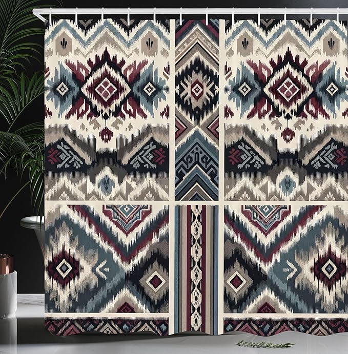 Ambesonne Ethnic Shower Curtain, Folk Geometric Zigzag and Abstract Shapes with Southwestern Inspirations, Cloth Fabric Bathroom Decor Set with Hooks, 69" W x 84" L, Blue Grey Plum Dimgray