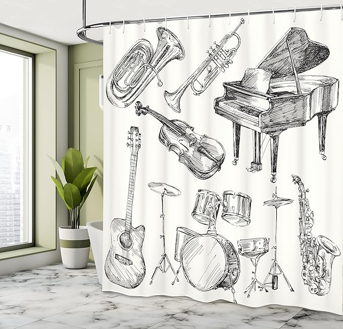 Ambesonne Jazz Music Shower Curtain, Illustration of Musical Instruments Sketch Style Art Trumpet Piano Guitar, Cloth Fabric Bathroom Decor Set with Hooks, 69" W x 75" L, Beige Black