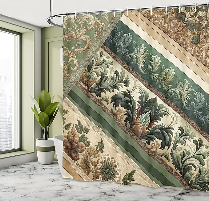 Ambesonne Damask Shower Curtain, Renaissance Style Floral and Botanical Swirly Art Curlicue Leaves Vintage, Cloth Fabric Bathroom Decor Set with Hooks, 69" W x 70" L, Green Pastel Brown