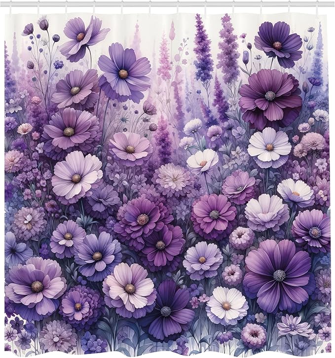 Ambesonne Purple Shower Curtain, Picturesque Cottagecore Style Flowers Meadow Monochromatic Pastel Tones, Cloth Fabric Bathroom Decor Set with Hooks, 69" W x 84" L, Lilac Lavender Quartz