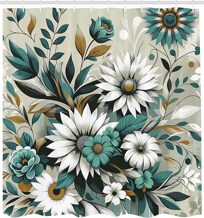 Ambesonne Teal Shower Curtain, Modern Urban Jungle Boho Concept Dancing Daisy with Curving Leaves Huddle, Cloth Fabric Bathroom Decor Set with Hooks, 69" W x 70" L, Sea Green Pale Mustard