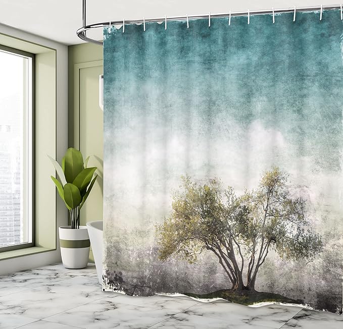 Ambesonne Tree of Life Shower Curtain, Grunge Landscape with Single Tree and Retro Background Rustic Print, Cloth Fabric Bathroom Decor Set with Hooks, 69" W x 70" L, Cream Green