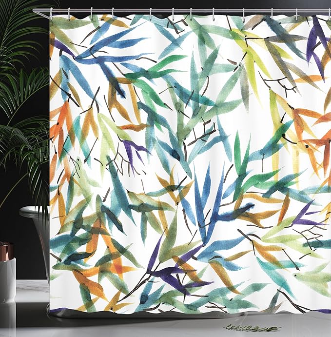 Ambesonne Traditional Shower Curtain, Colorful Bamboo Tree Leaves Hand Drawn Style Plants Picture Print, Cloth Fabric Bathroom Decor Set with Hooks, 69" W x 70" L, Multicolor White