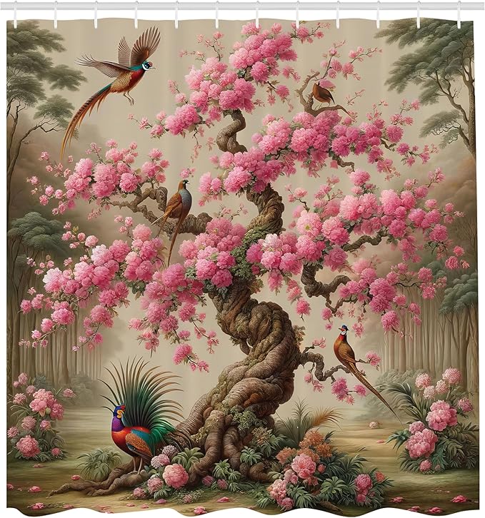Ambesonne Spring Shower Curtain, Japanese Magic Sakura Tree with Colorful Crane Birds Vintage Framed Print, Cloth Fabric Bathroom Decor Set with Hooks, 69" W x 84" L, Pale Brown Pink Teal