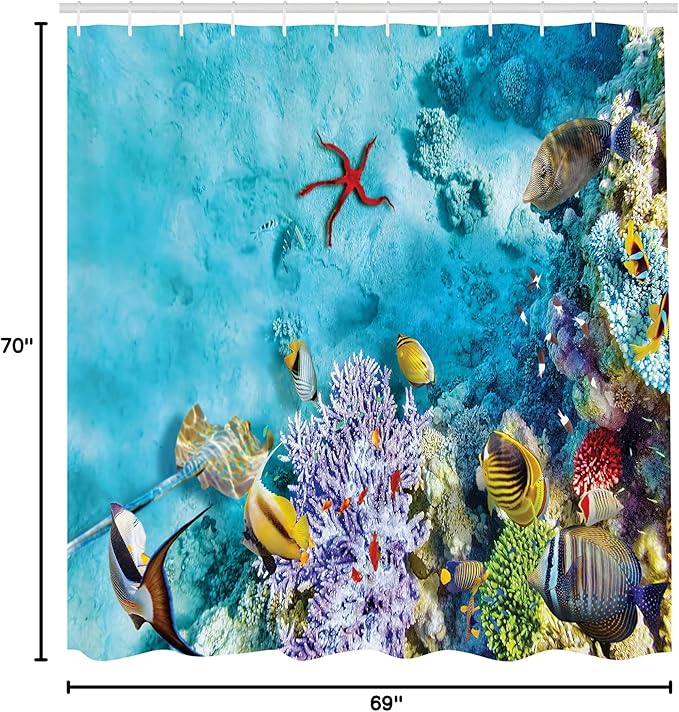 Ambesonne Ocean Shower Curtain, Corals Fishes Jellyfish Scatefish Starfish in Shallow Underwater, Cloth Fabric Bathroom Decor Set with Hooks, 69" W x 70" L, Sea Blue