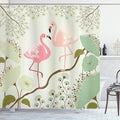 Ambesonne Peacock Shower Curtain, Blossoming Floral Background with Pair of Flamingos on Tree Branch, Cloth Fabric Bathroom Decor Set with Hooks, 69" W x 84" L, Green Salmon