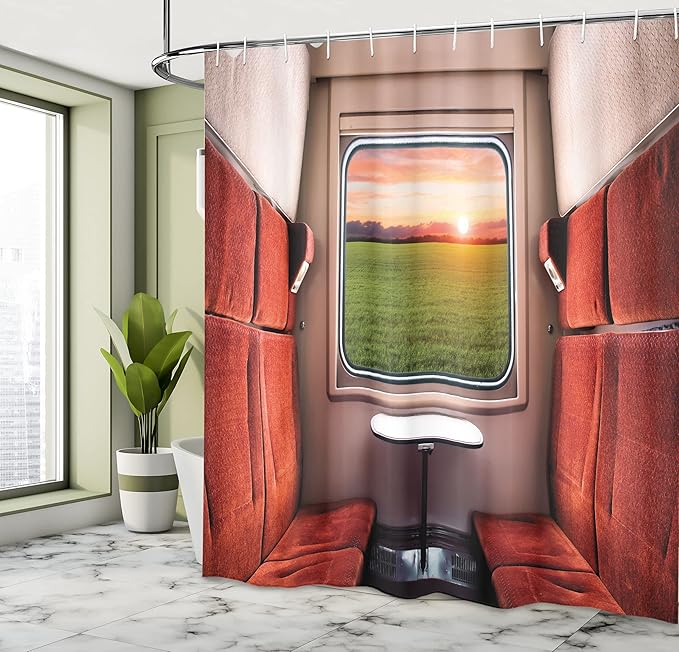 Ambesonne Nature Shower Curtain, Fresh Nature Setting from Train Compartment Window Railroad Destination Travel, Cloth Fabric Bathroom Decor Set with Hooks, 69" W x 75" L, Red Green Cream