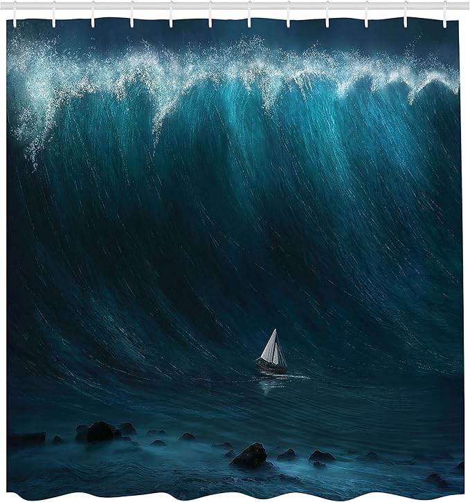 Ambesonne Ocean Shower Curtain, A Small Boat Being Captured by a Large Wave with Seastorm and Tsunami Marine Aquatic Theme of Artwork, Cloth Fabric Bathroom Set with Hooks, 69" W x 75" L, Blue White
