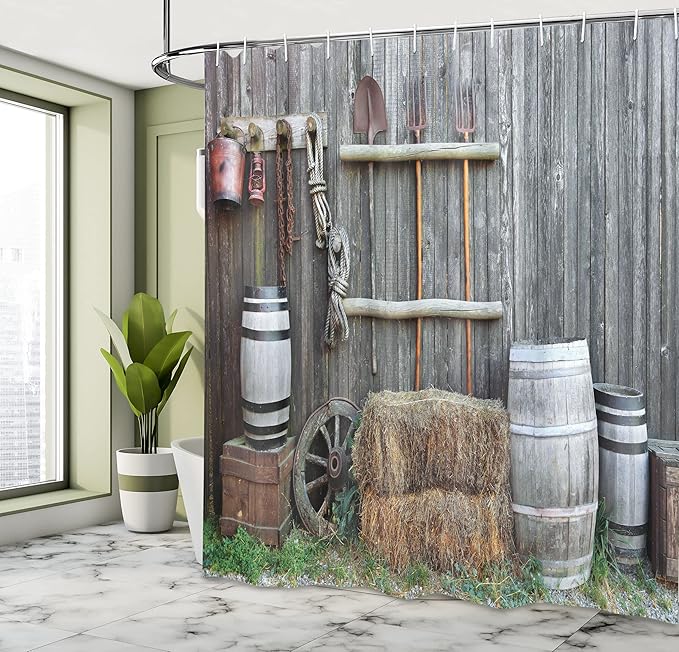 Ambesonne Agriculture Shower Curtain, Western Wooden Barn Countryside Bucolic Rural House Folk Vintage Scenery, Cloth Fabric Bathroom Decor Set with Hooks, 69" W x 84" L, Brown Grey
