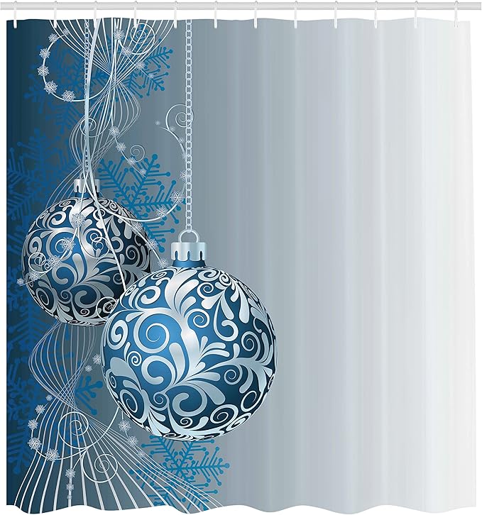 Ambesonne Christmas Shower Curtain, Abstract Pattern Snowflake Motifs Curlicues on Baubles Season, Cloth Fabric Bathroom Decor Set with Hooks, 69" W x 70" L, Blue Pale Blue White
