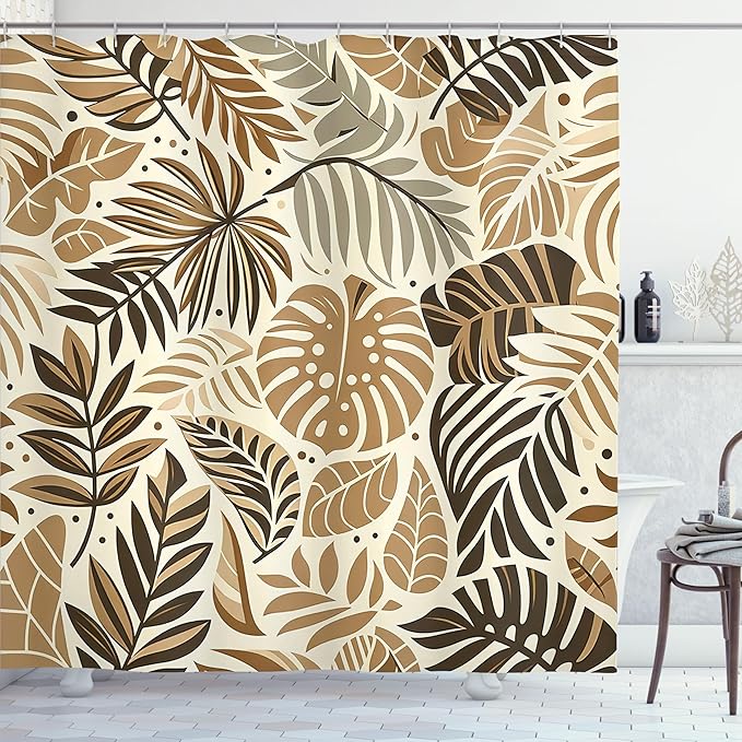 Ambesonne Tan Shower Curtain, Mid Century Feel Exotic Monstera Leaves with Bohemian Earthy Colors Urban Jungle, Cloth Fabric Bathroom Decor Set with Hooks, 69" W x 70" L, Dark Khaki Beige