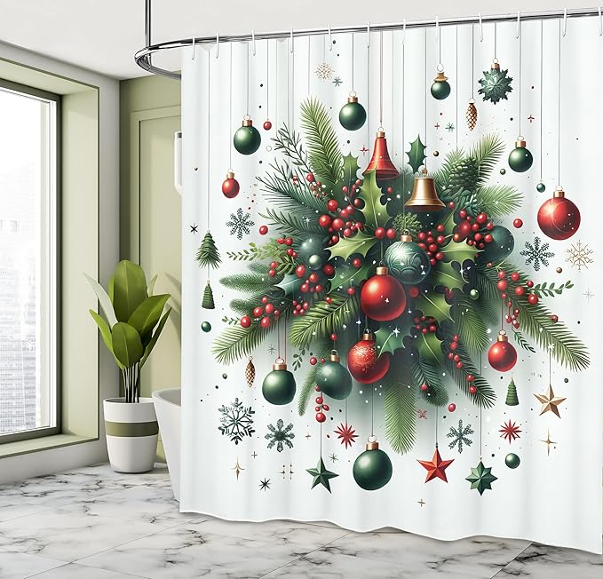 Ambesonne Christmas Shower Curtain, Holiday Season Botanical Themed Pine Branches Snowflakes Stars Balls, Cloth Fabric Bathroom Decor Set with Hooks, 69" W x 75" L, Hunter Green Vermilion
