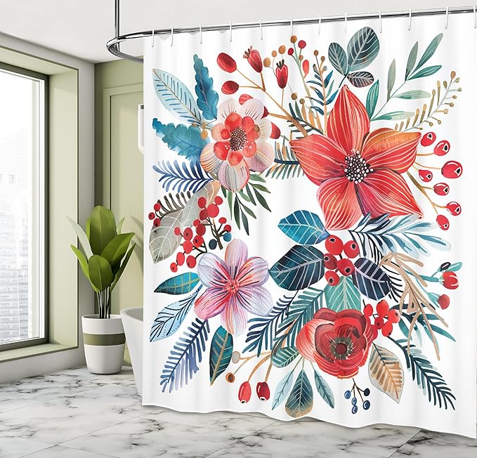 Ambesonne Christmas Shower Curtain, Vintage Xmas Wreth Ornate Arrange with Poinsettia Flowers and Berries, Cloth Fabric Bathroom Decor Set with Hooks, 69" W x 75" L, Dark Coral Petrol Blue