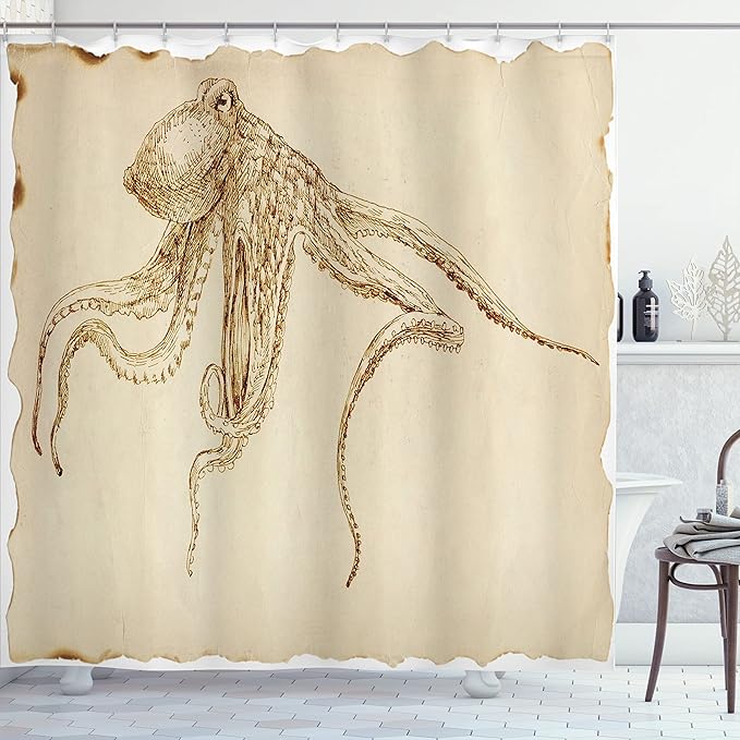 Ambesonne Octopus Shower Curtain, Octopus Illustration Sketch Style with Large Tentacles Vintage Art Print Marine, Cloth Fabric Bathroom Decor Set with Hooks, 69" W x 75" L, Ecru Brown