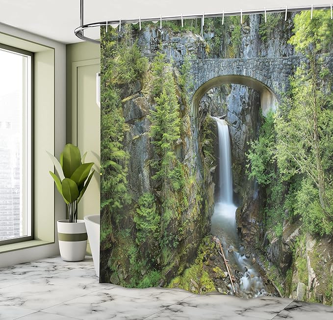 Ambesonne Mt Rainier Shower Curtain, Scenery Photo Christine Falls in Mount Rainier National Park America Picturesque, Cloth Fabric Bathroom Decor Set with Hooks, 69" W x 70" L, Sepia Green