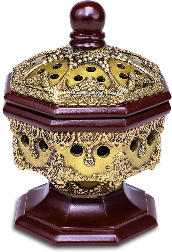 AM Lux Octagon Incense Burner – Charcoal Bakhoor, Cone & Frankincense Resin Holder | Mabkhara for Office, Spiritual Room & Islamic Gifts (Bronze)