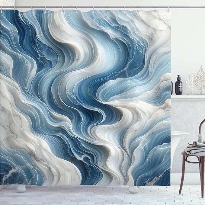 Ambesonne Blue Shower Curtain, Surreal Waves of Marble Print with Oceanic Colors Modern Abstract Style, Cloth Fabric Bathroom Decor Set with Hooks, 69" W x 70" L, Sky Blue and Off White