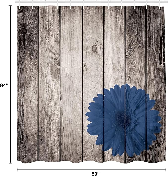 Ambesonne Rustic Shower Curtain, Flower Red Dahlia on Foreground of Murky Featured Dated Wooden Board Retro Art Print, Cloth Fabric Bathroom Decor Set with Hooks, 69" W x 84" L, Royal Blue