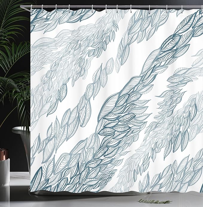 Ambesonne Modern Art Shower Curtain, Striped Floral Arrangement Windy Leaves on Branches Nature Image, Cloth Fabric Bathroom Decor Set with Hooks, 69" W x 84" L, Blue White