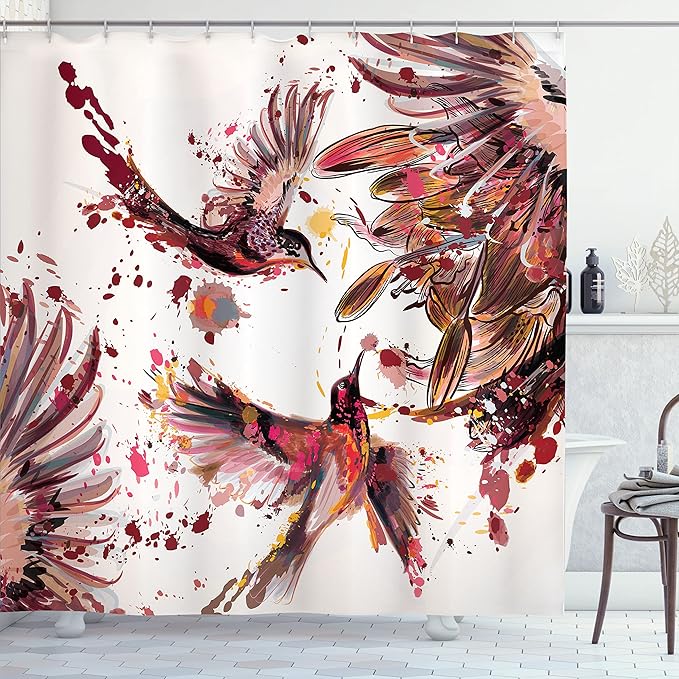 Ambesonne Hummingbird Shower Curtain, Art Lily Flowers Birds and Color Splashes in Watercolor Painting Style, Cloth Fabric Bathroom Decor Set with Hooks, 69" W x 84" L, Dark Peach