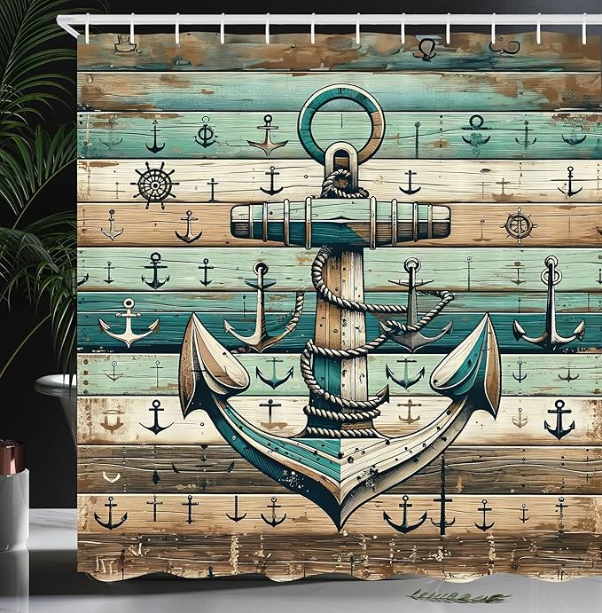 Ambesonne Nautical Shower Curtain, Sailing Rustic Style Anchor with Weathered Wooden Plank Look Print, Cloth Fabric Bathroom Decor Set with Hooks, 69" W x 70" L, Teal Seafoam Pale Brown