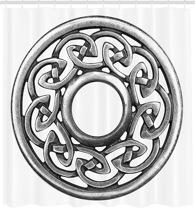 Ambesonne Celtic Shower Curtain, Royal Style Circular Brooch Design Antique Traditional Scottish Motif Print, Cloth Fabric Bathroom Decor Set with Hooks, 69" W x 70" L, Grey and White